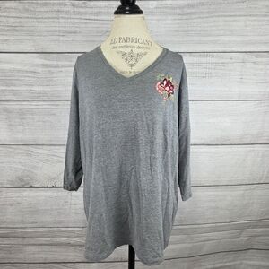 St. John's Bay Gray Long Sleeve Vneck Top with Embroidered Floral Detail